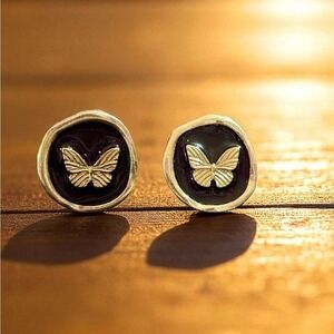 Gold Butterfly Black Enamel Stud Earrings Women's Fashion Jewelry